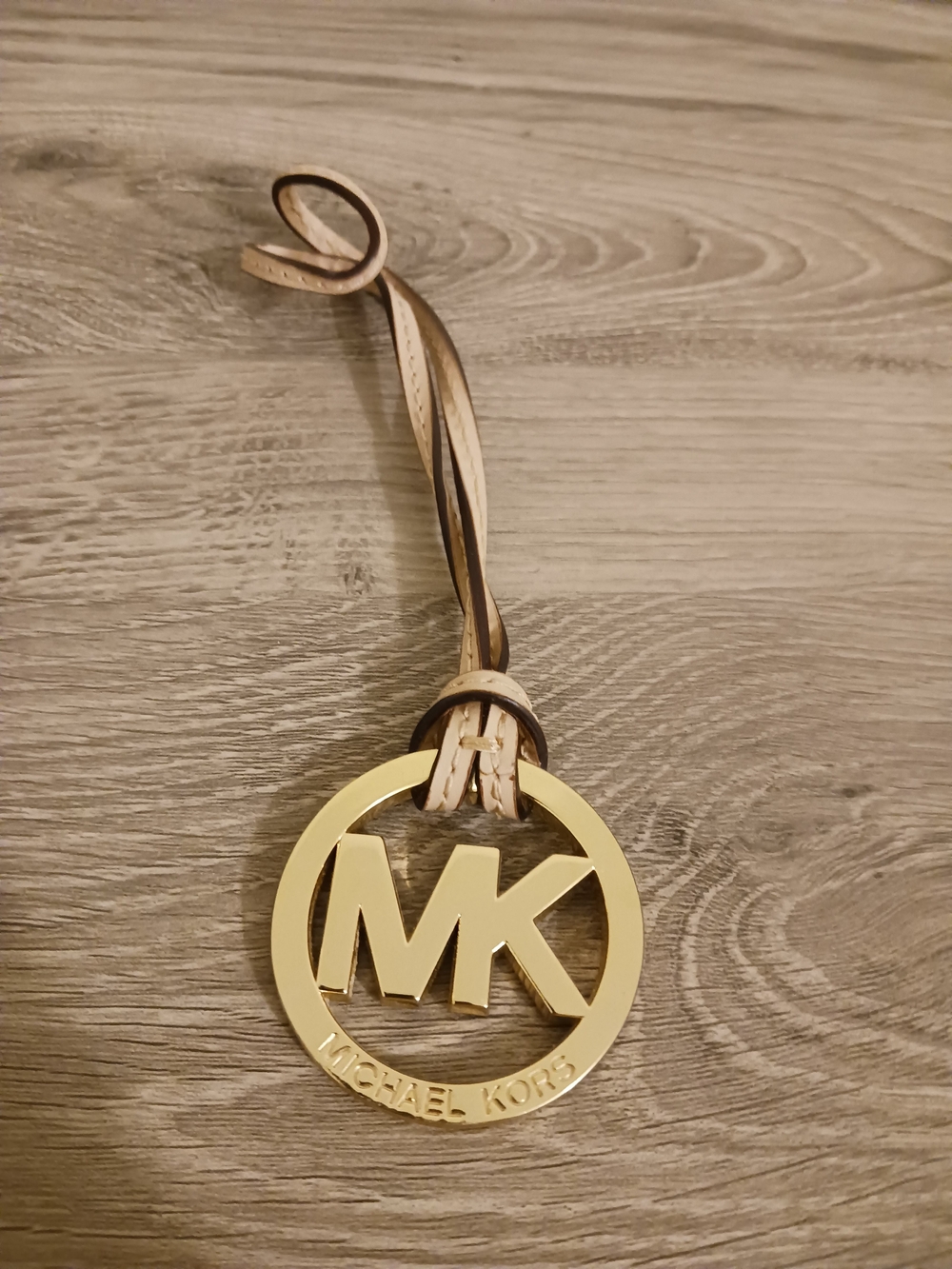 Michael Kors Gold and Beige MK Logo Leather Purse Charm 2"